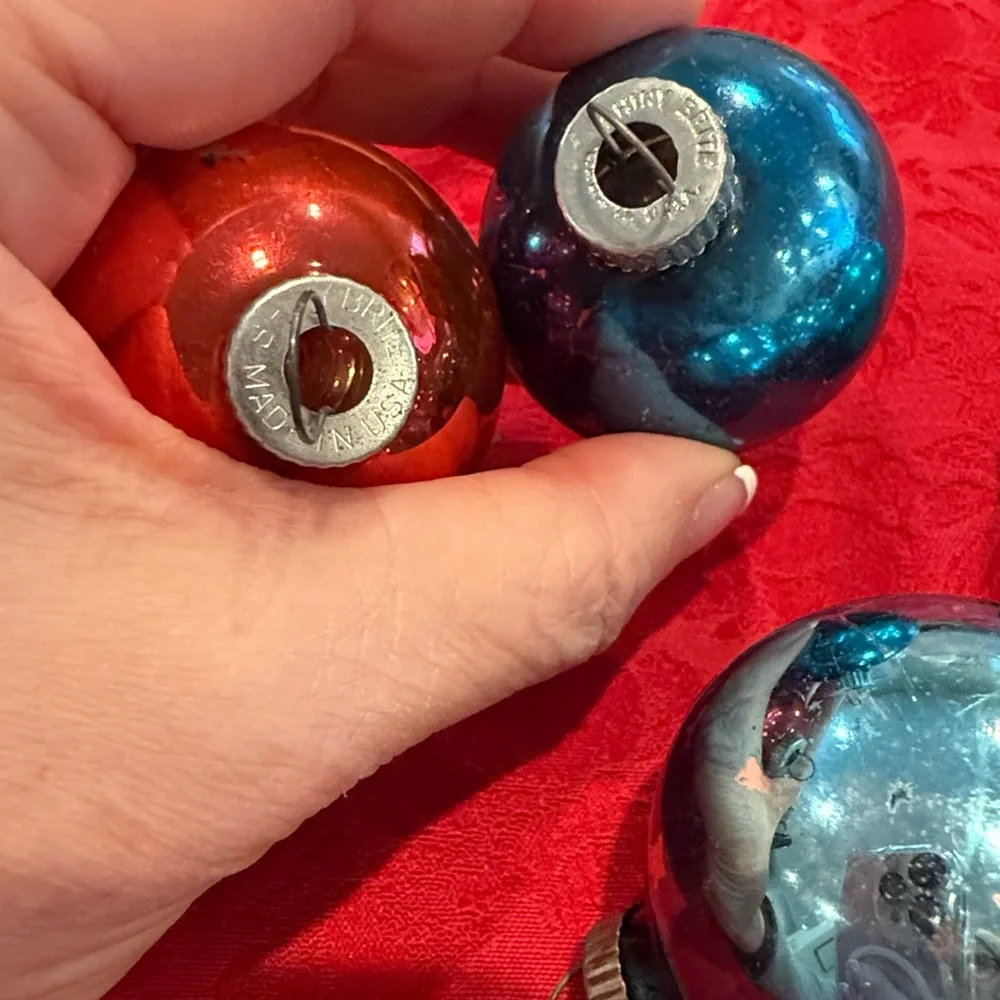 Vintage 9 Shiny Brite Christmas Ornaments Green Blue